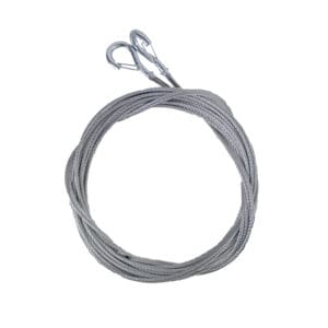 Coiled steel cable with hooks attached.