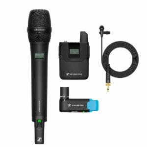 Sennheiser wireless microphone system with accessories.