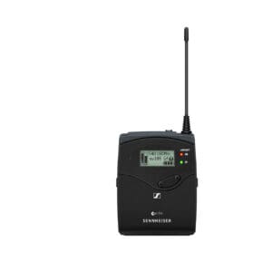 Wireless microphone transmitter with antenna.