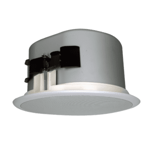 Ceiling-mounted round speaker with white casing.