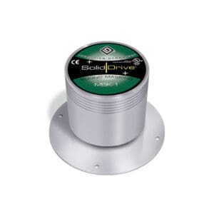 Silver cylindrical sound masking device on base.