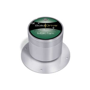 Sound masking device with silver cylindrical design.