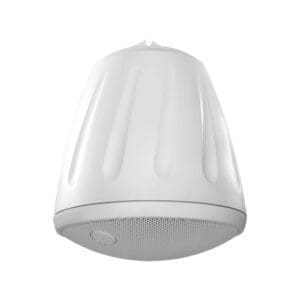 White hanging speaker with perforated bottom.