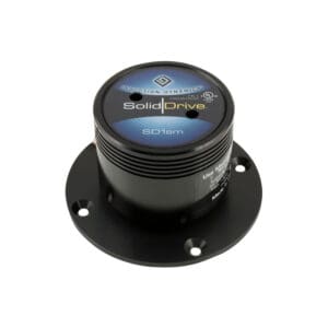 Black SolidDrive audio transducer with label.