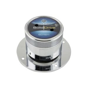 Silver audio transducer with round base.