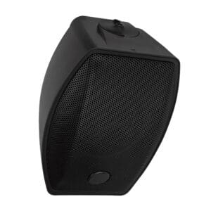 Black wall-mounted speaker with mesh grille.