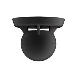 Black dome-shaped security camera, ceiling-mounted.