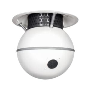 White spherical smoke detection device on ceiling.