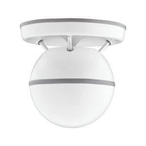 Ceiling-mounted white spherical security camera.