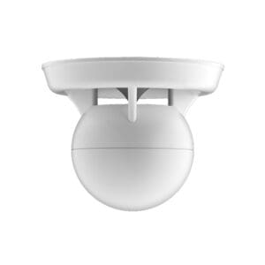 Ceiling-mounted white security camera facing down.