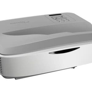 Optoma projector with control panel visible.