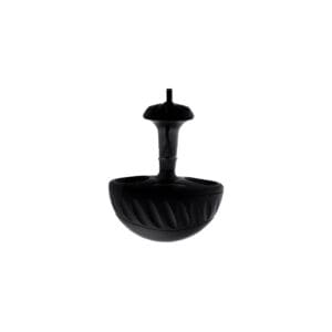 Black spinning top with decorative design.