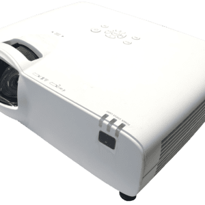 White multimedia projector on black background.