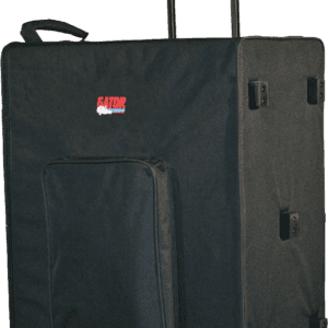 Black rolling suitcase with extended handle.