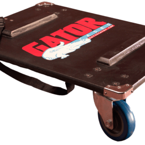 Rolling dolly with blue wheels and handles.