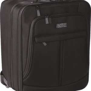 Black wheeled suitcase with front pocket.