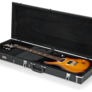 Electric guitar in an open black case.