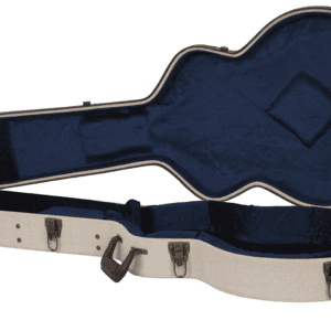 Open guitar case with blue interior.