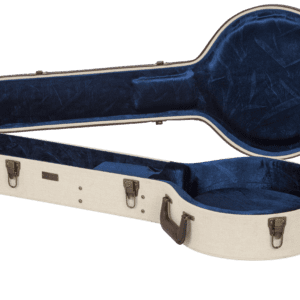 Open banjo case with blue interior.