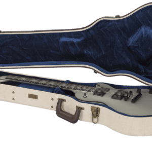 Electric guitar in open hard case.