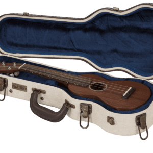 Ukulele in a blue-lined hard case.