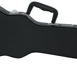 Black guitar case with handle and latches.