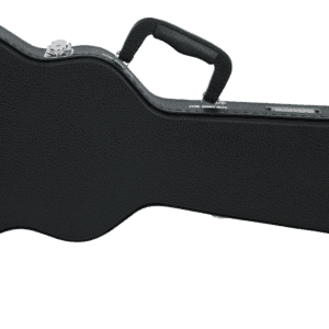 Black guitar case on black background.