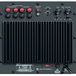 Back panel of a subwoofer amplifier.