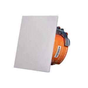 Speaker with white perforated cover.