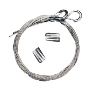 Steel cable with loops and metal sleeves.