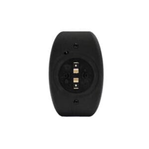 Black electronic device with connectors and screws.