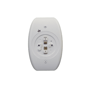 White wall plate with electrical ports.