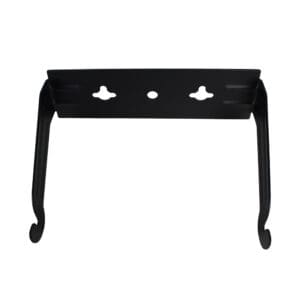Black metal wall-mounted bracket with hooks.