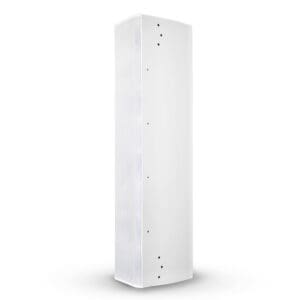 White column speaker with perforated grille.