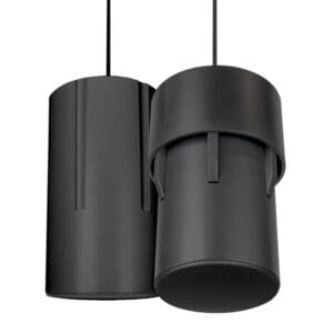 Two black hanging ceiling speakers.