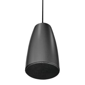 Hanging black pendant speaker, minimalist design.