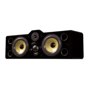 Black speaker with yellow cone woofers.