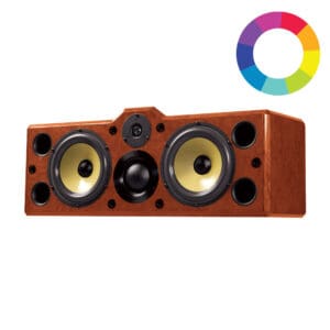 Wooden speaker with multiple drivers and tweeter.
