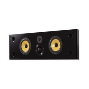 Black speaker with yellow woofers and tweeter.