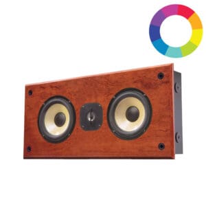 Wooden speaker with two yellow woofers.