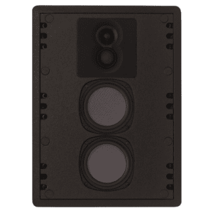 Black in-wall speaker with dual woofers.