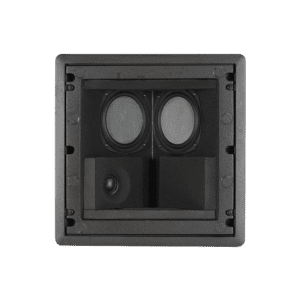 Square black speaker with dual woofers.