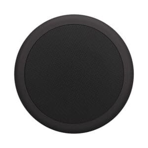 Round black smart speaker with mesh front.