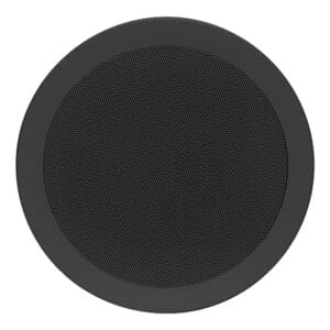 Black circular speaker with mesh cover.