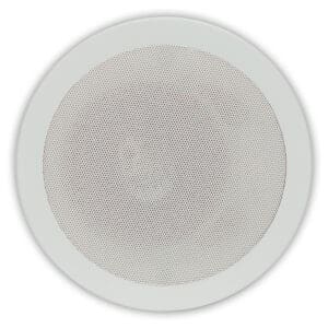 Round white ceiling speaker with mesh cover.