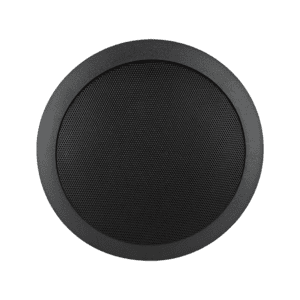 Black circular speaker on black background.
