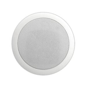 Round white ceiling speaker with mesh cover.