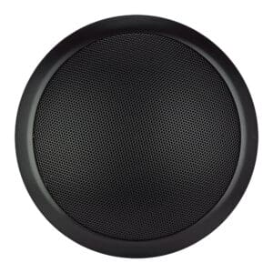 Round black speaker with mesh grille.