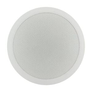 Round white ceiling speaker on white background.