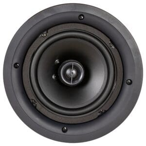 Round black in-ceiling speaker front view.